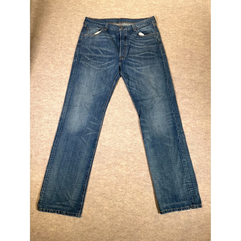 Levis 501 Original Fit Jeans Men 36x34 Blue Whiskered Denim Mid Rise Logo Cotton
